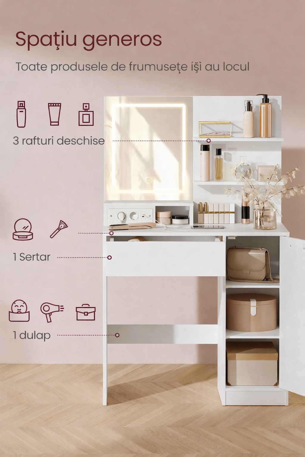 VASAGLE Kailyn fésülködőasztal LED tükrrel és beépített konnektorral, USB portokkal, fiókkal, polcokkal és szekrénnyel, forgácslap, 80x40x132 cm, fehér - Image 6