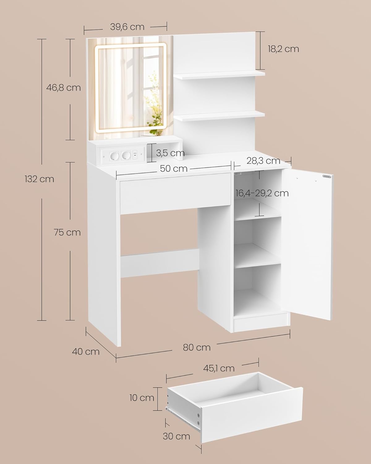 VASAGLE Kailyn fésülködőasztal LED tükrrel és beépített konnektorral, USB portokkal, fiókkal, polcokkal és szekrénnyel, forgácslap, 80x40x132 cm, fehér - Image 7