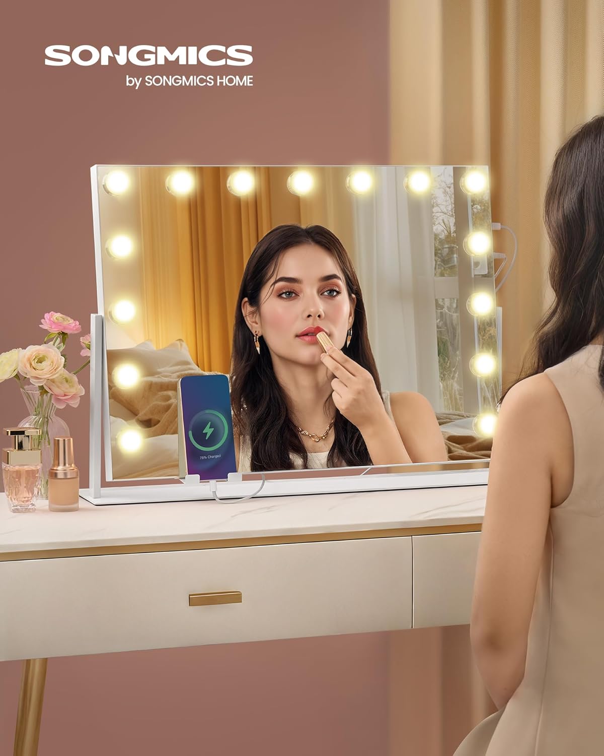 SONGMICS Sminktukor LED vilagitassal, 3 feny szin, telefontarto, USB portok, 10x nagyitas, 58x43 cm, feher - Image 4