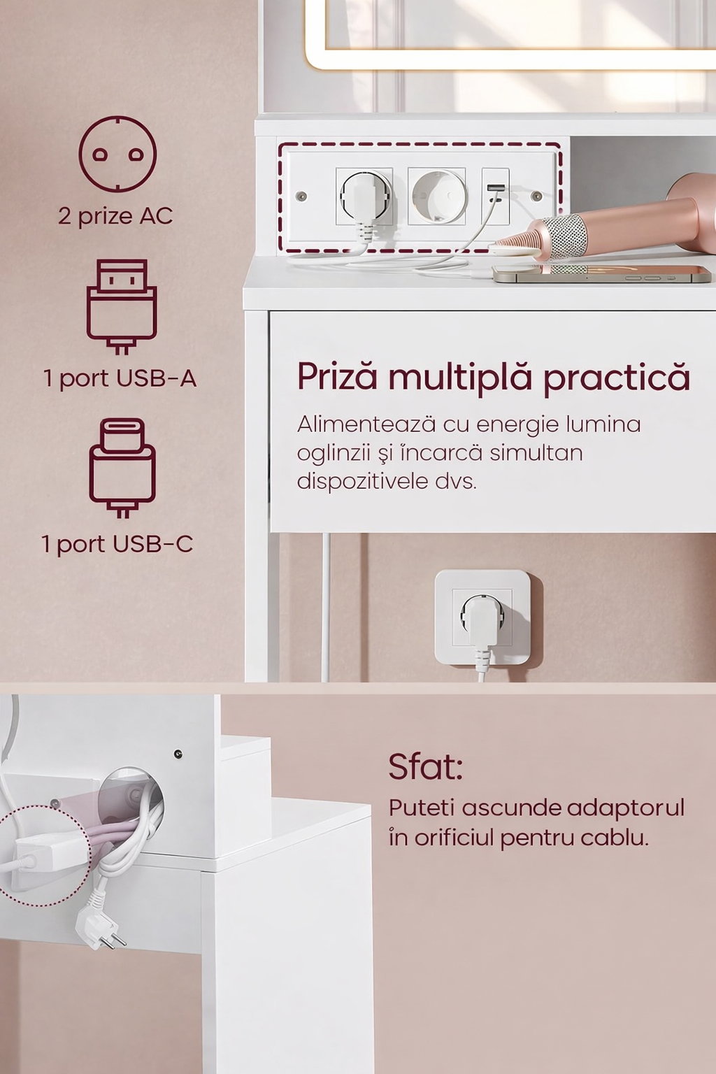 VASAGLE Kailyn fésülködőasztal LED tükrrel és beépített konnektorral, USB portokkal, fiókkal, polcokkal és szekrénnyel, forgácslap, 80x40x132 cm, fehér - Image 8