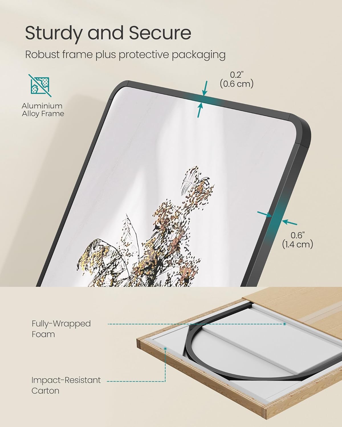 SONGMICS Allo oltozoi tukor, aluminium keret, edzett uveg, 150x40 cm, fekete - Image 3