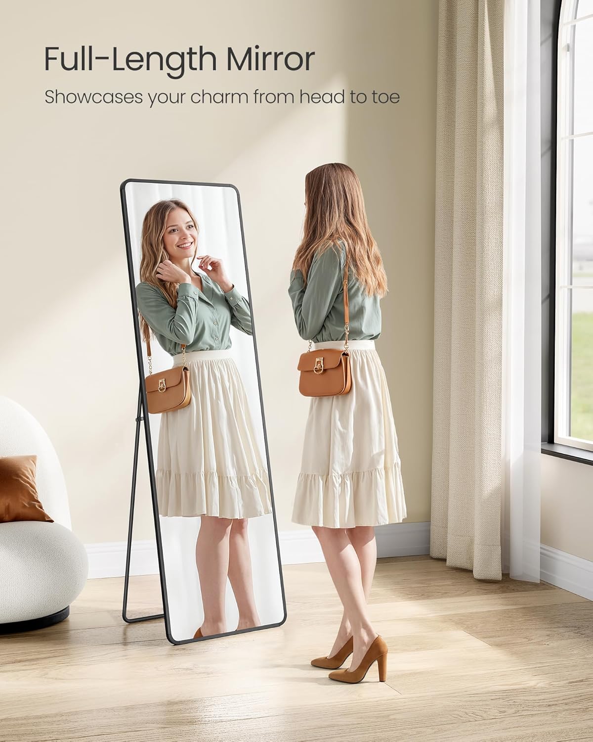 SONGMICS Allo oltozoi tukor, aluminium keret, edzett uveg, 150x40 cm, fekete - Image 6