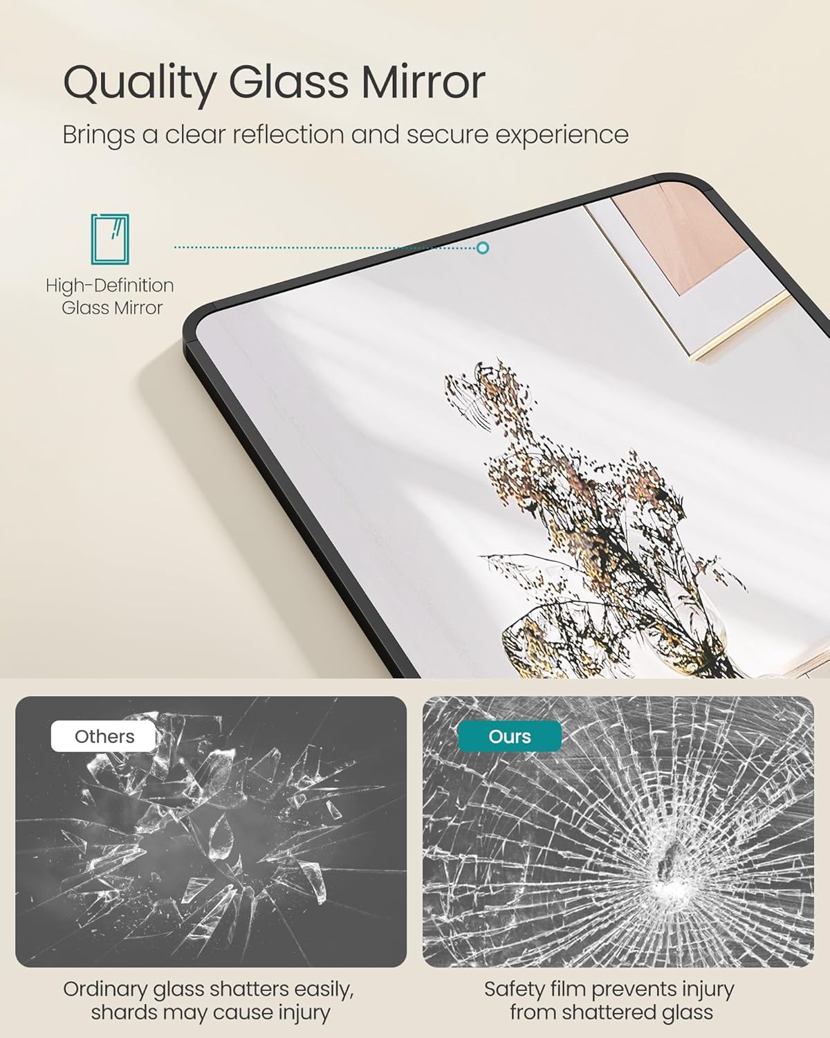 SONGMICS Allo oltozoi tukor, aluminium keret, edzett uveg, 150x40 cm, fekete - Image 7