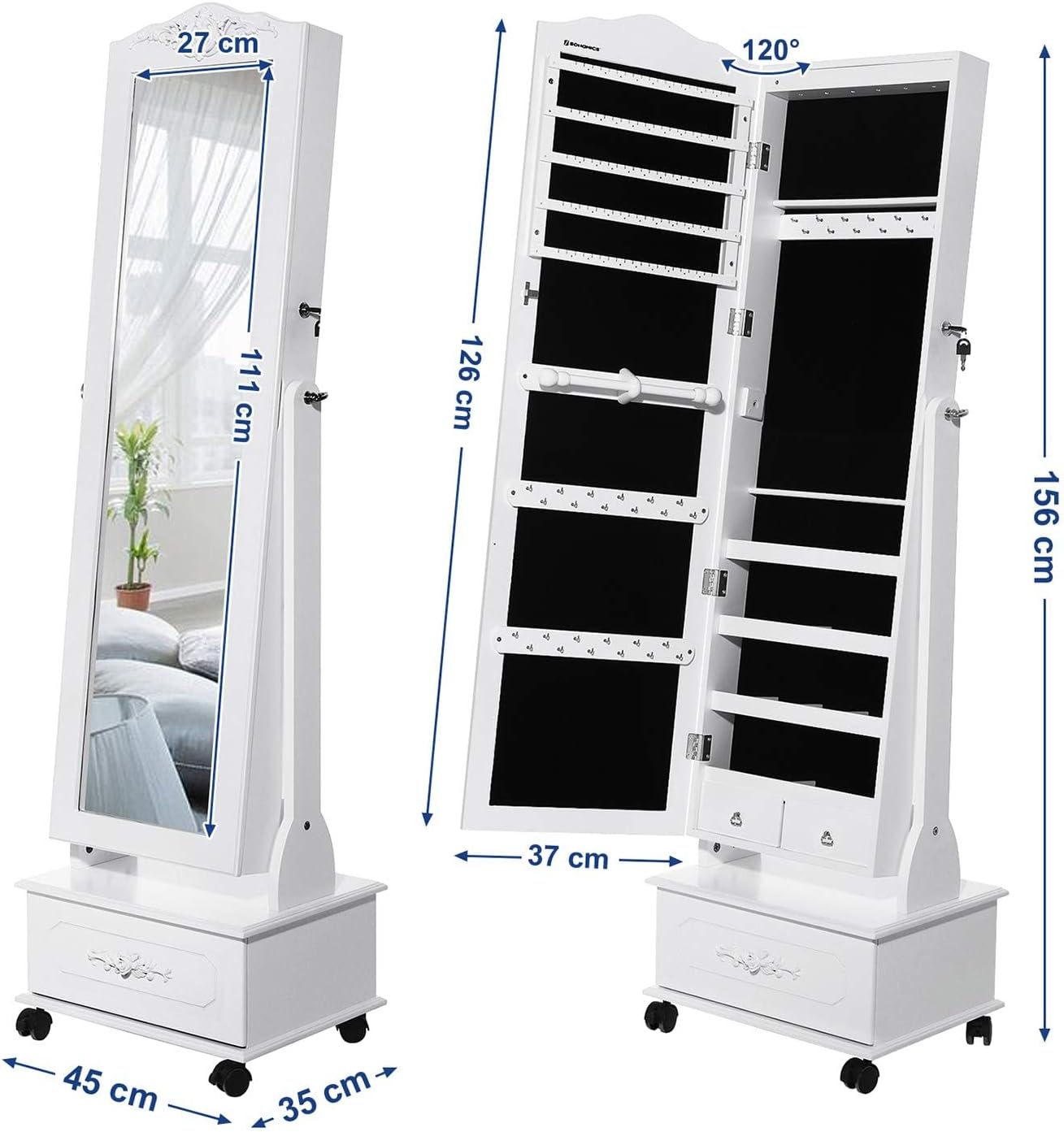 SONGMICS Allo tukor ekszertarolo szekrennyel, LED vilagitassal es kerekekkel, kulccsal zarhato, 35x45x156 cm, feher - Image 13