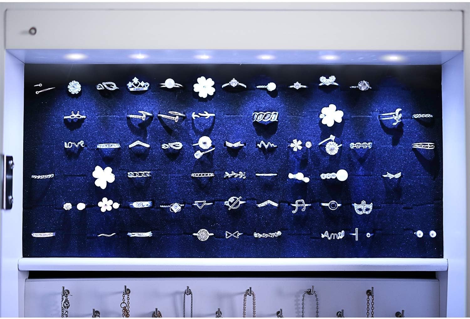 SONGMICS Allo tukor ekszertarolo szekrennyel, LED vilagitassal es kerekekkel, kulccsal zarhato, 35x45x156 cm, feher - Image 14