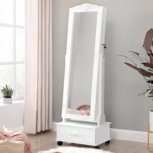 SONGMICS Allo tukor ekszertarolo szekrennyel, LED vilagitassal es kerekekkel, kulccsal zarhato, 35x45x156 cm, feher