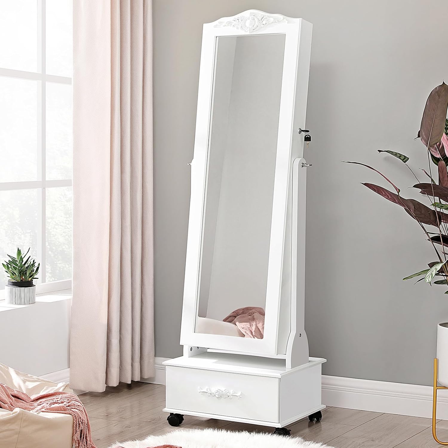 SONGMICS Allo tukor ekszertarolo szekrennyel, LED vilagitassal es kerekekkel, kulccsal zarhato, 35x45x156 cm, feher