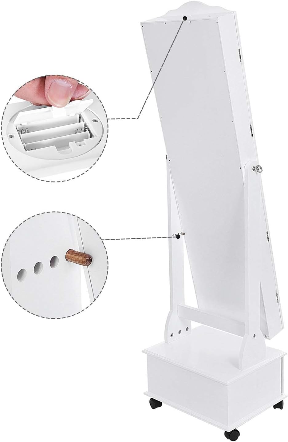 SONGMICS Allo tukor ekszertarolo szekrennyel, LED vilagitassal es kerekekkel, kulccsal zarhato, 35x45x156 cm, feher - Image 9