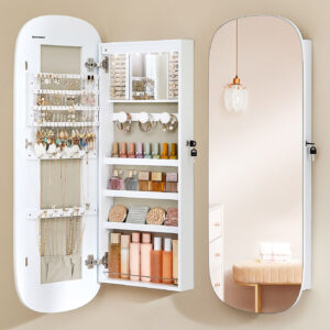 SONGMICS Ekszertarolo szekreny tukorrel es LED vilagitassal, falra vagy ajtora szerelheto, kulccsal zarhato, 42x10x108 cm, feher