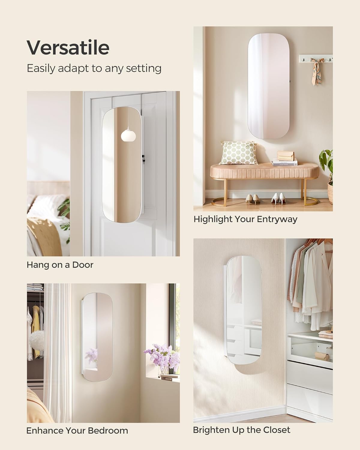 SONGMICS Ekszertarolo szekreny tukorrel es LED vilagitassal, falra vagy ajtora szerelheto, kulccsal zarhato, 42x10x108 cm, feher - Image 6