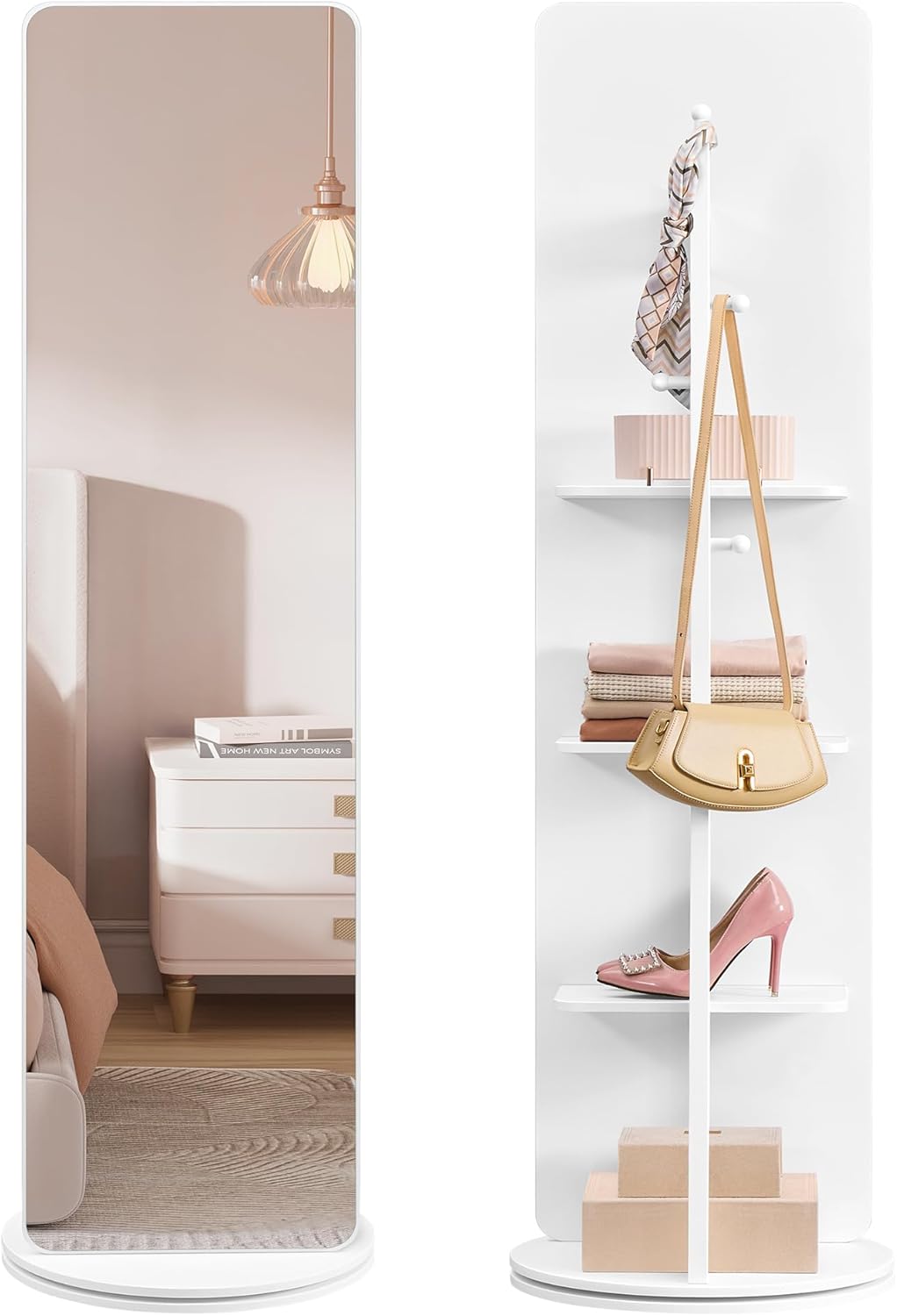 SONGMICS 360°-ban forgathato allo tukor 2 az 1-ben, hatul polcokkal es ruhafogassal, MDF, edzett uveg, 45x45x163 cm, feher - Image 4