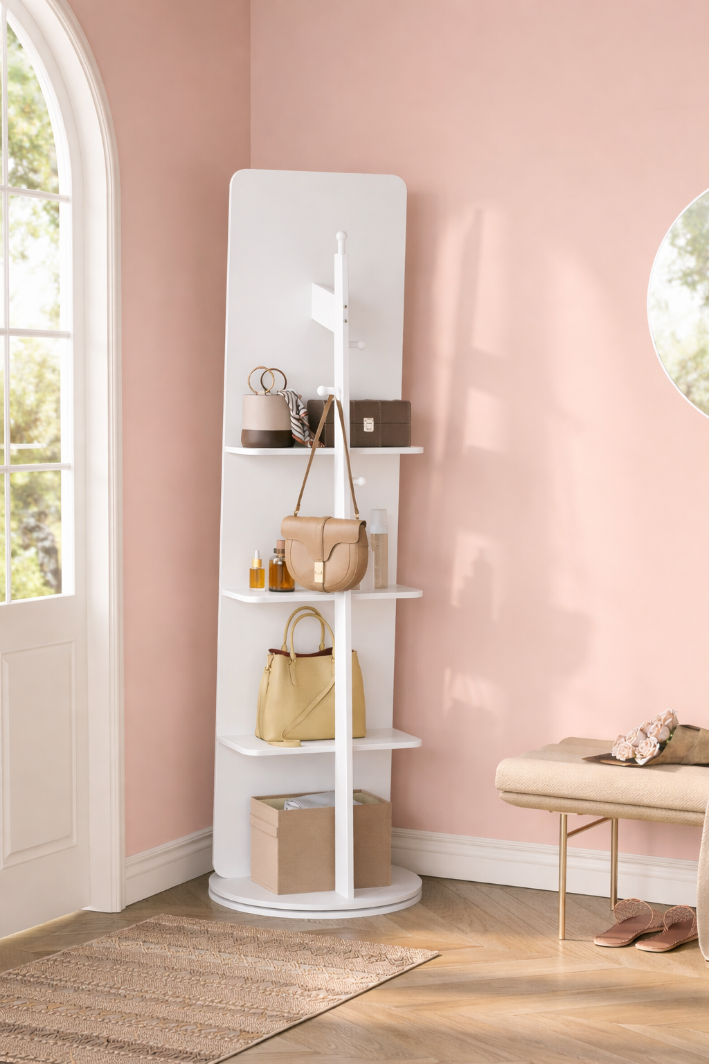 SONGMICS 360°-ban forgathato allo tukor 2 az 1-ben, hatul polcokkal es ruhafogassal, MDF, edzett uveg, 45x45x163 cm, feher - Image 5