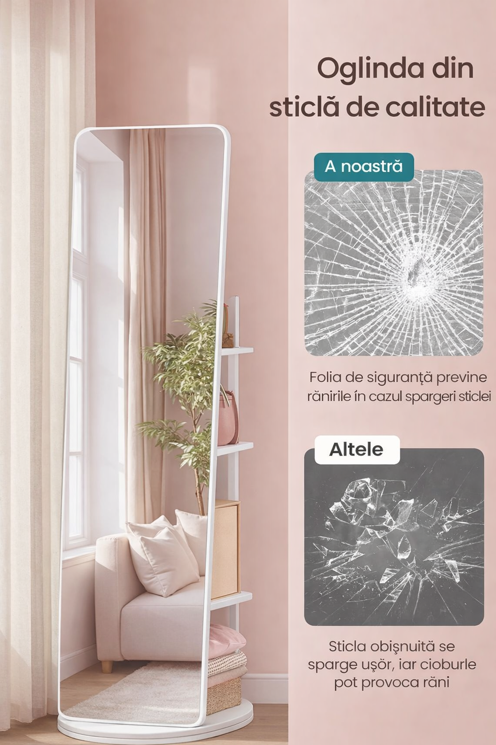 SONGMICS 360°-ban forgathato allo tukor 2 az 1-ben, hatul polcokkal es ruhafogassal, MDF, edzett uveg, 45x45x163 cm, feher - Image 6