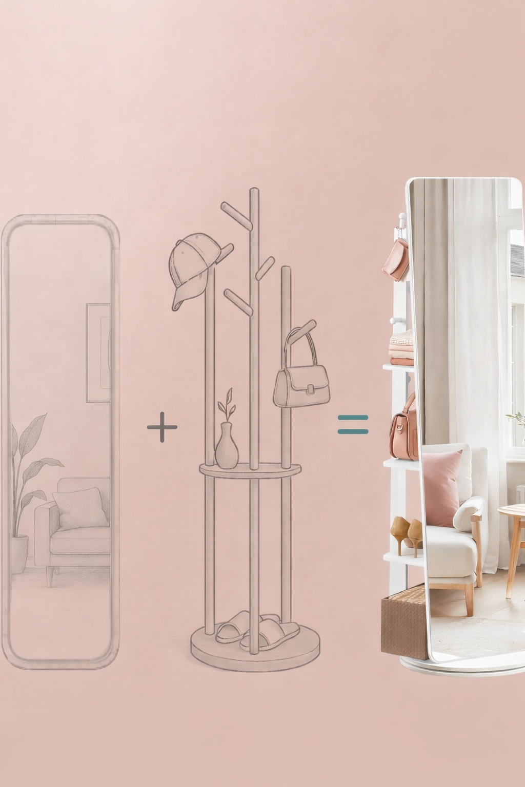 SONGMICS 360°-ban forgathato allo tukor 2 az 1-ben, hatul polcokkal es ruhafogassal, MDF, edzett uveg, 45x45x163 cm, feher - Image 7