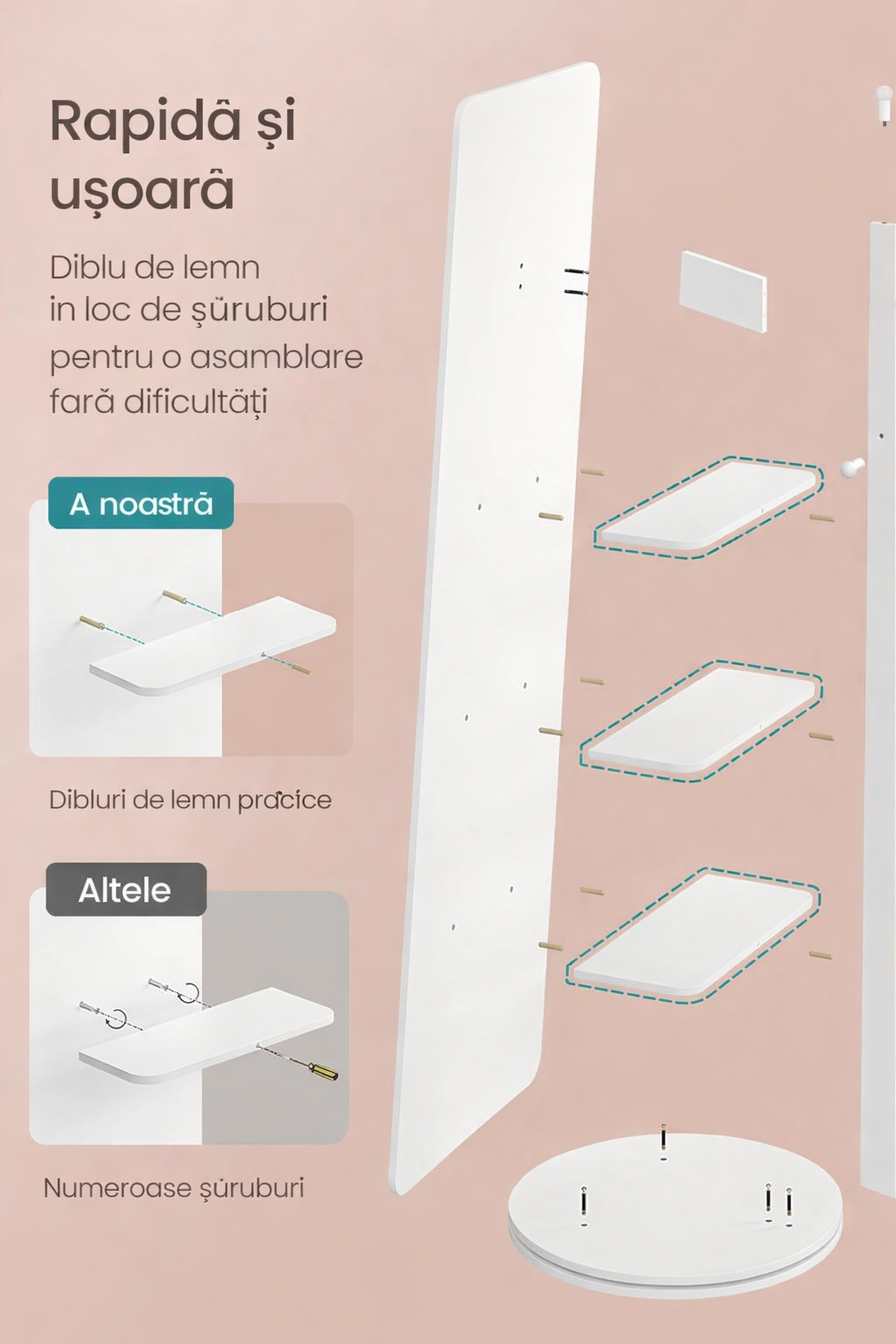 SONGMICS 360°-ban forgathato allo tukor 2 az 1-ben, hatul polcokkal es ruhafogassal, MDF, edzett uveg, 45x45x163 cm, feher - Image 8