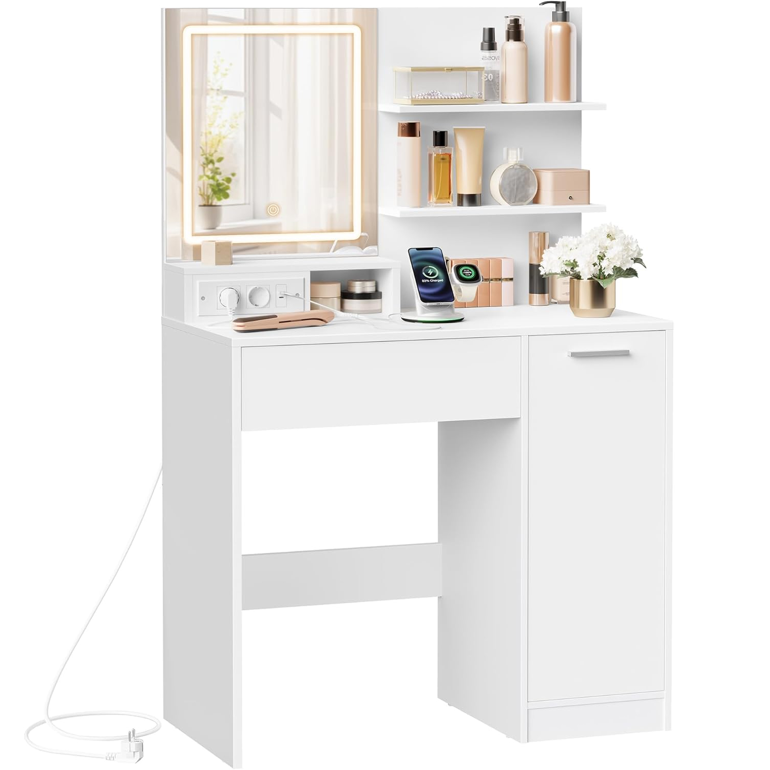 VASAGLE Kailyn fésülködőasztal LED tükrrel és beépített konnektorral, USB portokkal, fiókkal, polcokkal és szekrénnyel, forgácslap, 80x40x132 cm, fehér - Image 2