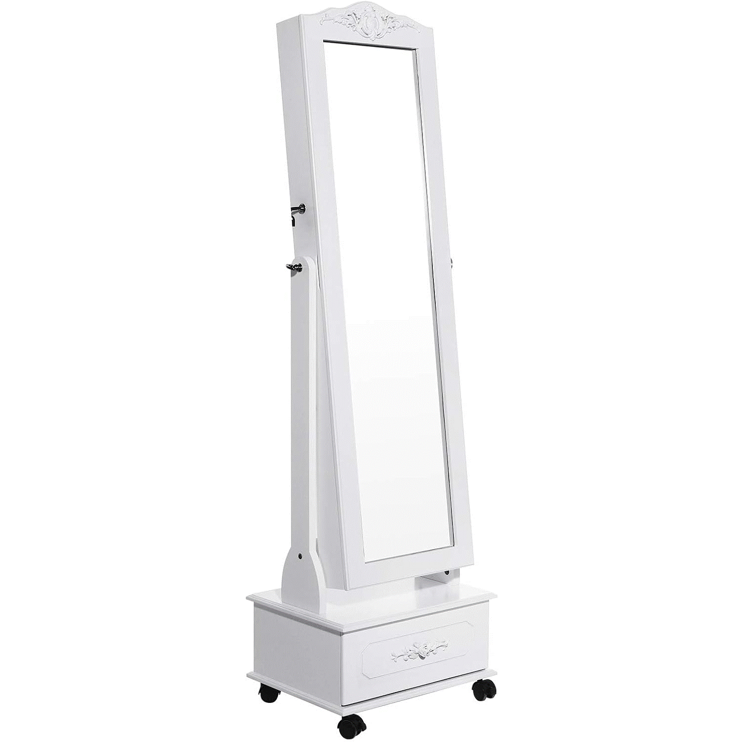 SONGMICS Allo tukor ekszertarolo szekrennyel, LED vilagitassal es kerekekkel, kulccsal zarhato, 35x45x156 cm, feher - Image 2