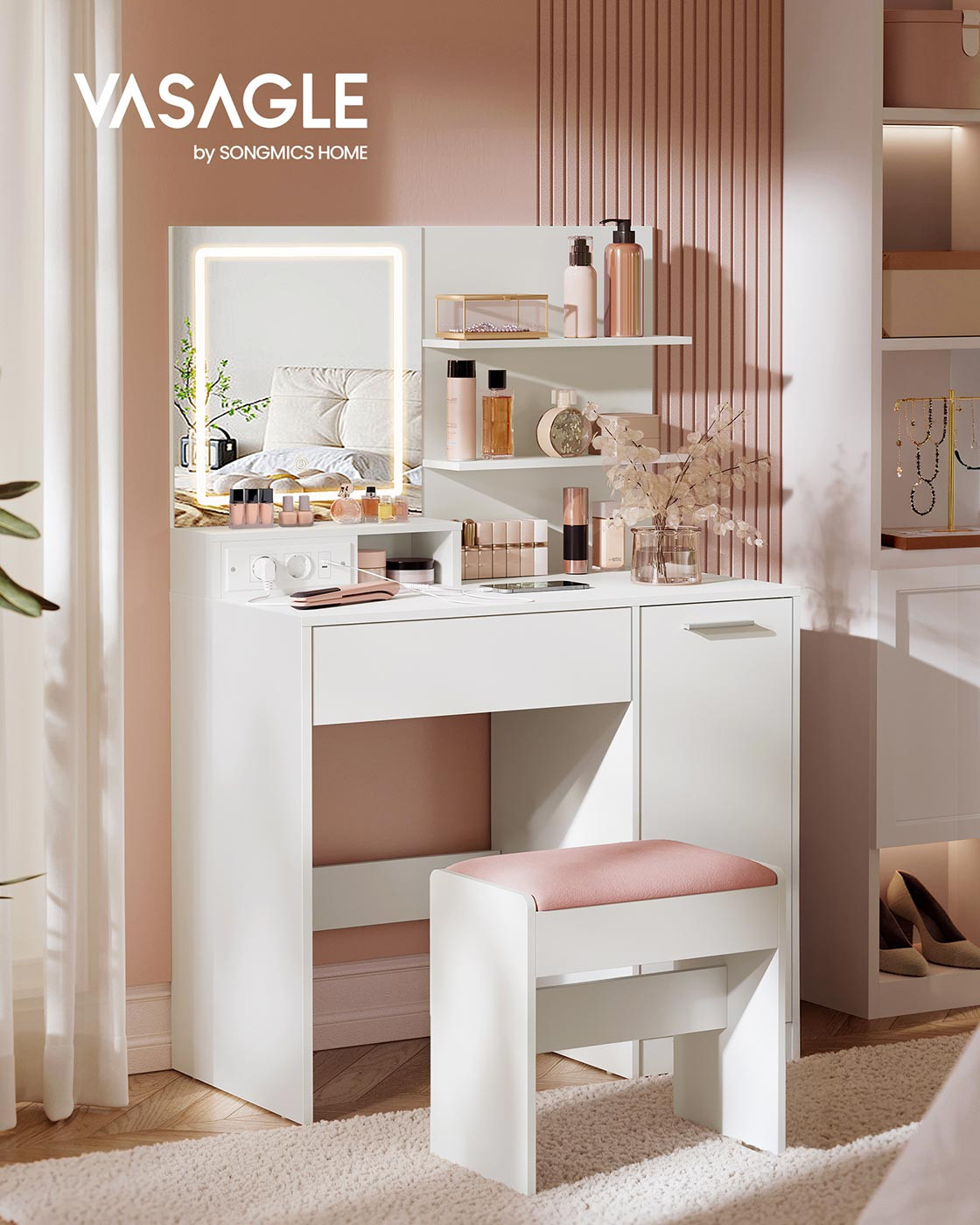 VASAGLE Kailyn fésülködőasztal LED tükrrel és beépített konnektorral, USB portokkal, fiókkal, polcokkal és szekrénnyel, forgácslap, 80x40x132 cm, fehér - Image 3