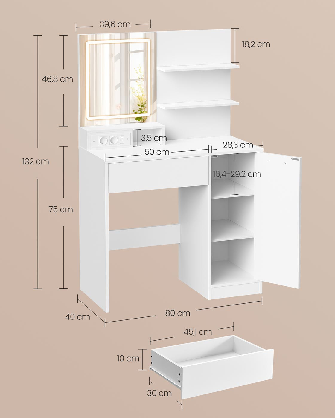 VASAGLE Kailyn fésülködőasztal LED tükrrel és beépített konnektorral, USB portokkal, fiókkal, polcokkal és szekrénnyel, forgácslap, 80x40x132 cm, fehér - Image 4