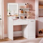 VASAGLE Kailyn fésülködőasztal LED tükrrel és beépített konnektorral, USB portokkal, fiókkal, polcokkal és szekrénnyel, forgácslap, 80x40x132 cm, fehér