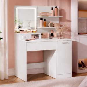 VASAGLE Kailyn fésülködőasztal LED tükrrel és beépített konnektorral, USB portokkal, fiókkal, polcokkal és szekrénnyel, forgácslap, 80x40x132 cm, fehér