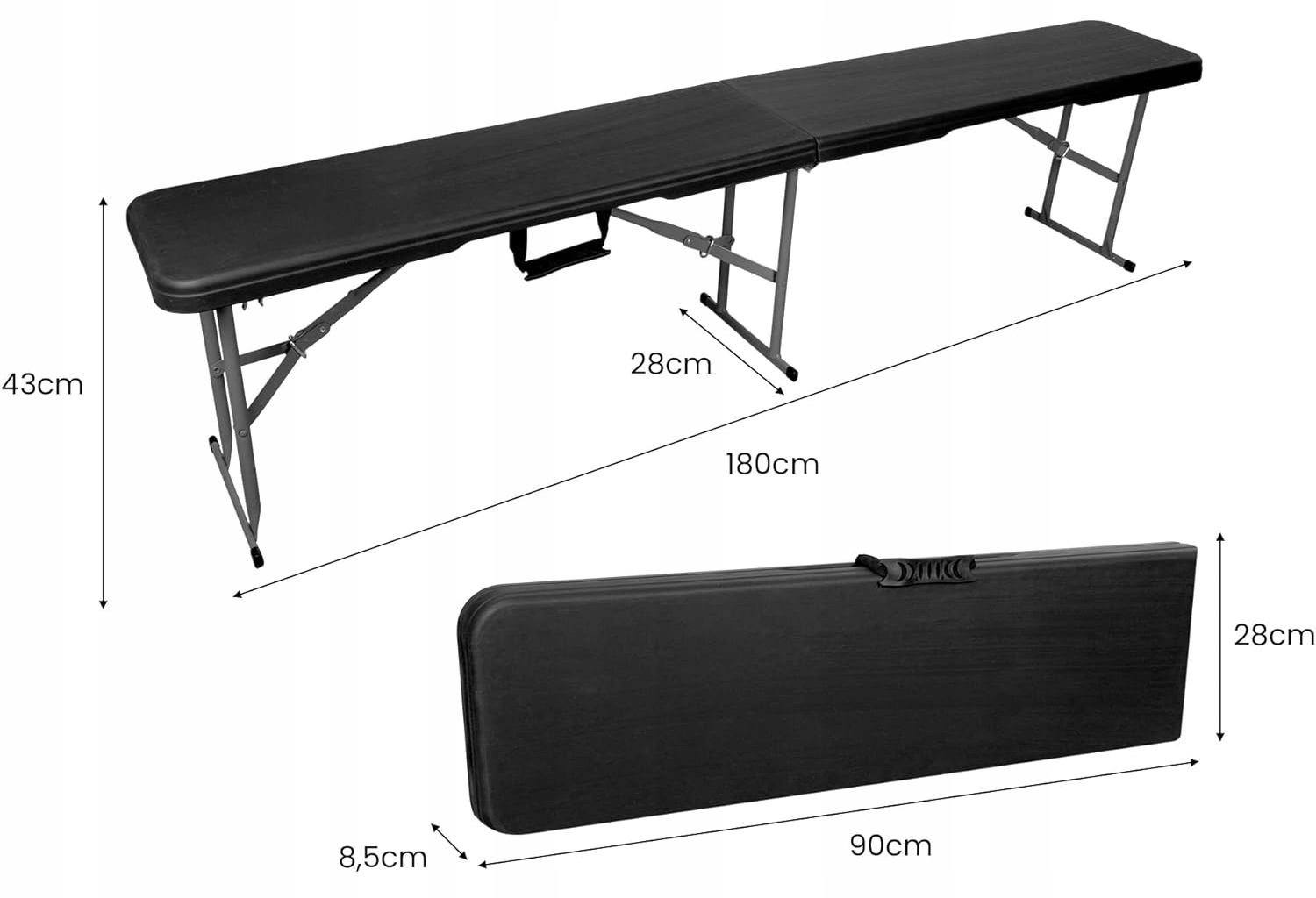 Összecsukható asztal szett 2 paddal, bőrönd típusú kialakítással kertbe, kempingezéshez vagy rendezvényekhez, 180x70x74 cm, fekete - Image 4