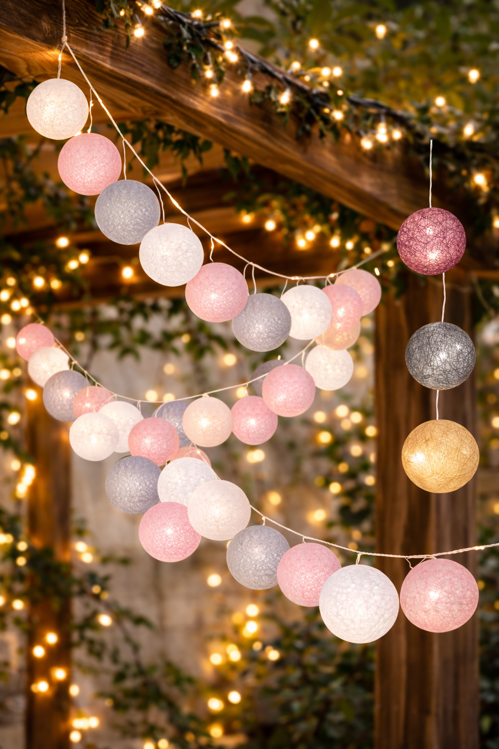 20 LED-es dekorációs fényfüzér, meleg fehér fény, 4,1 m, rózsaszín/fehér/szürke gömbök - Image 10