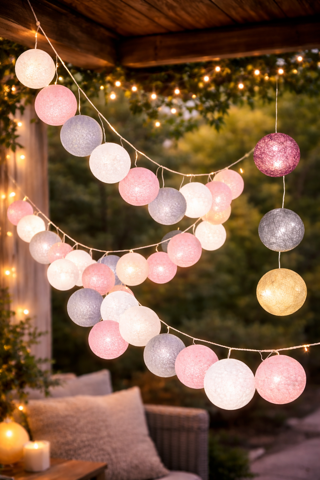 20 LED-es dekorációs fényfüzér, meleg fehér fény, 4,1 m, rózsaszín/fehér/szürke gömbök - Image 9
