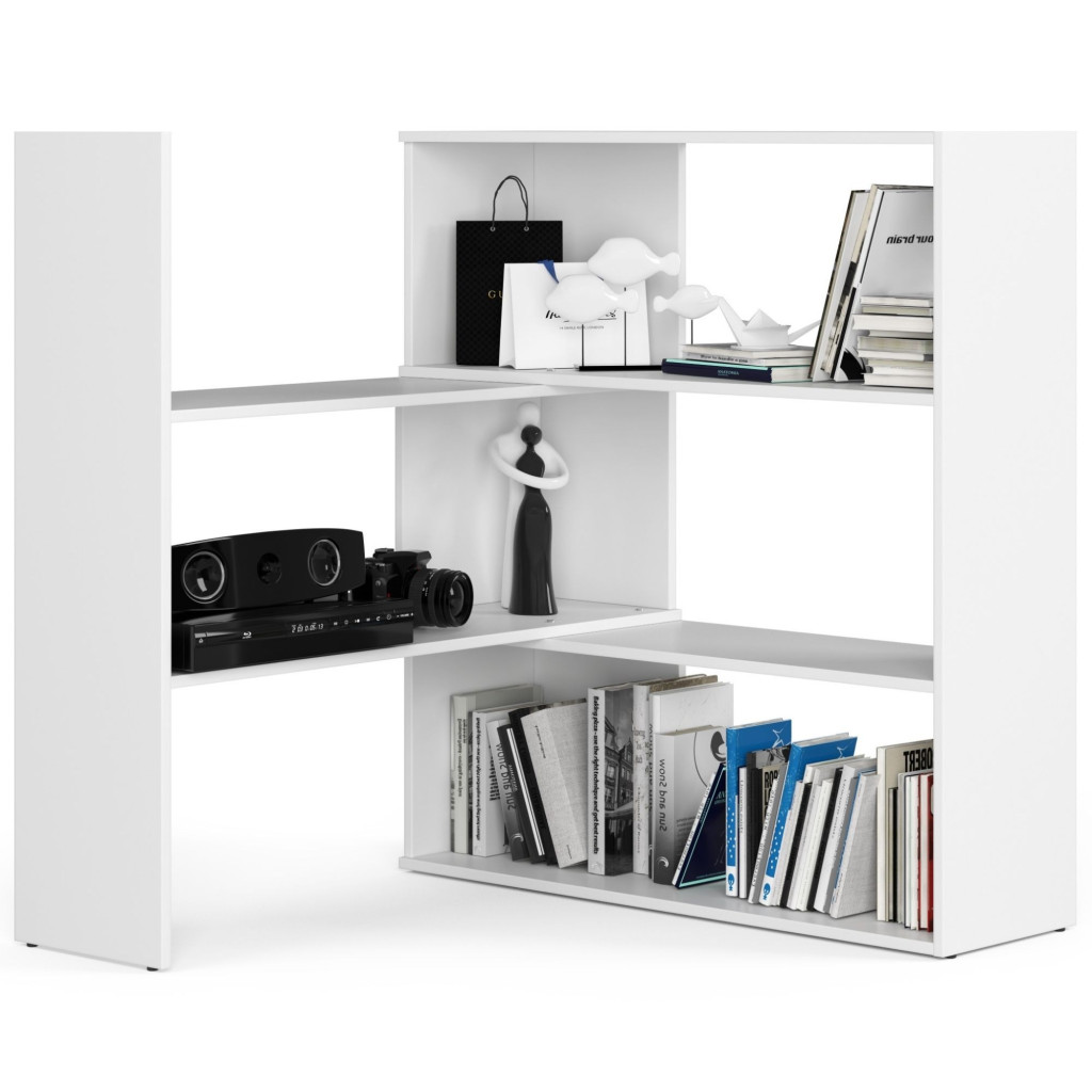 Sarok polcos állvány könyvekhez és dekorációkhoz, 3 polccal, 16 mm laminált forgácslap, 174x30x109 cm, fehér