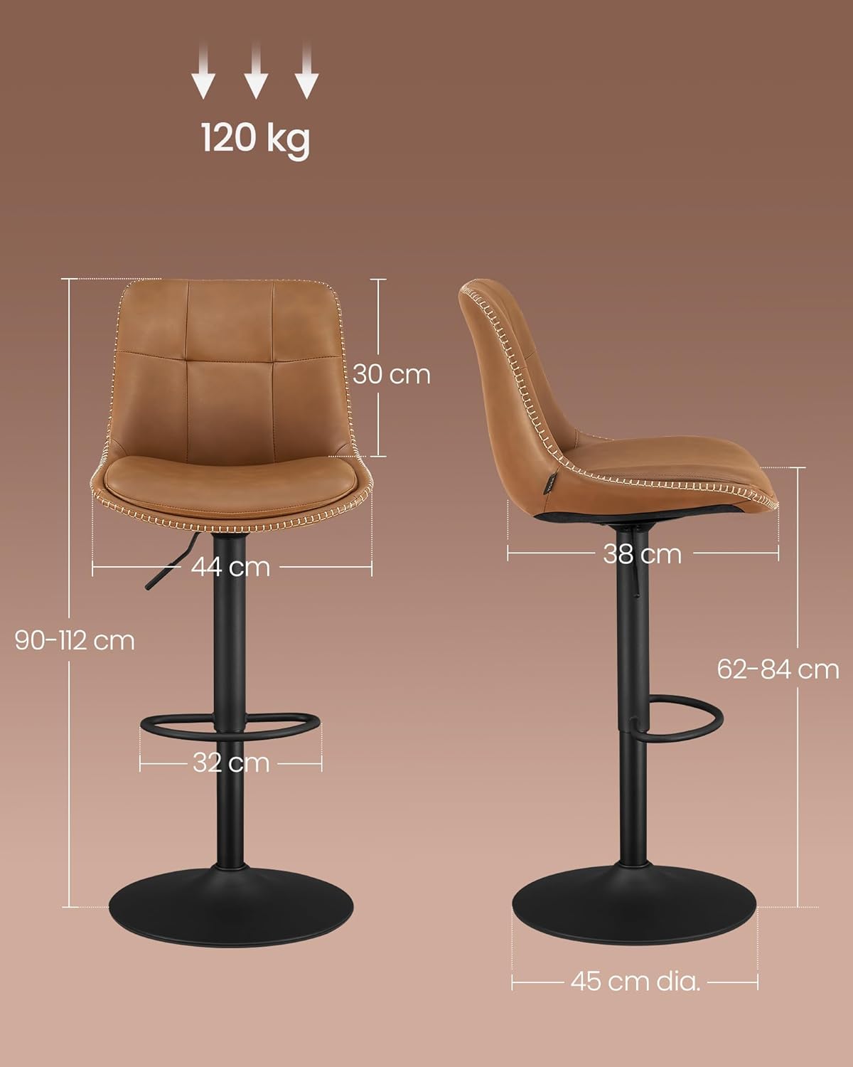 VASAGLE 2 darabos állítható bárszék szett, 360°-ban forgatható, PU kárpitozással, fém vázzal, 44 x 30 x 90–112 cm, karamellbarna - Image 2