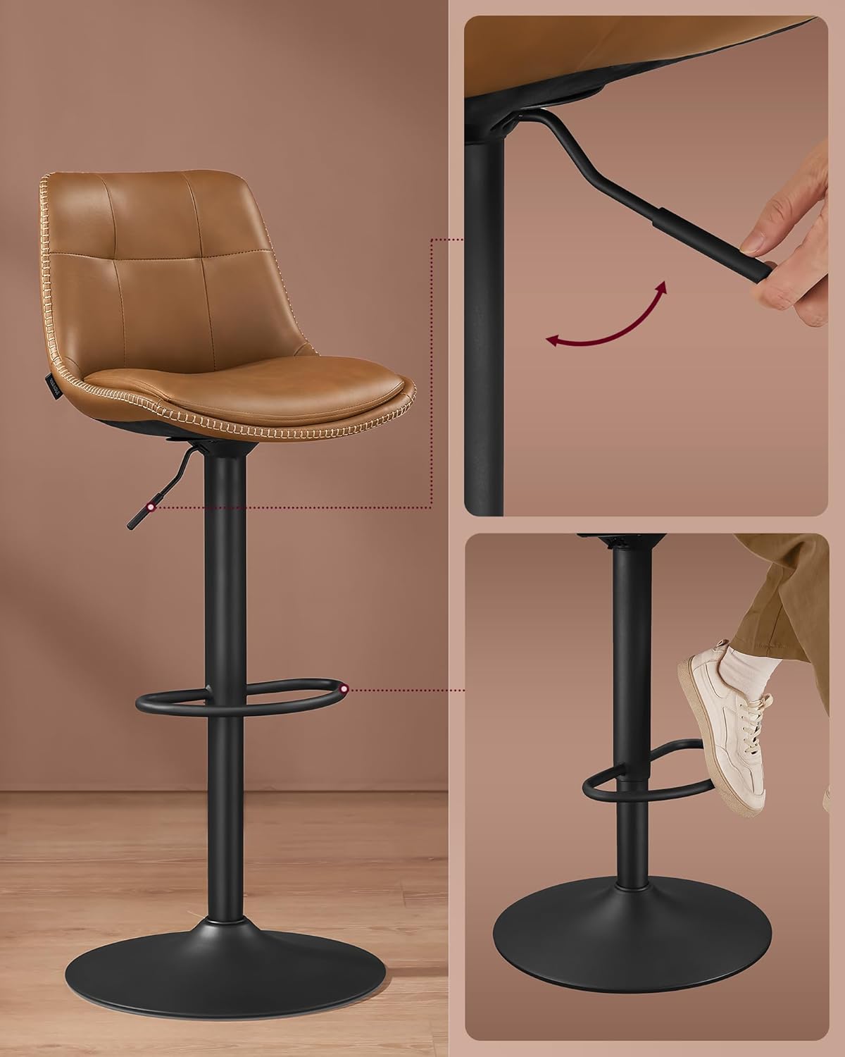 VASAGLE 2 darabos állítható bárszék szett, 360°-ban forgatható, PU kárpitozással, fém vázzal, 44 x 30 x 90–112 cm, karamellbarna - Image 4