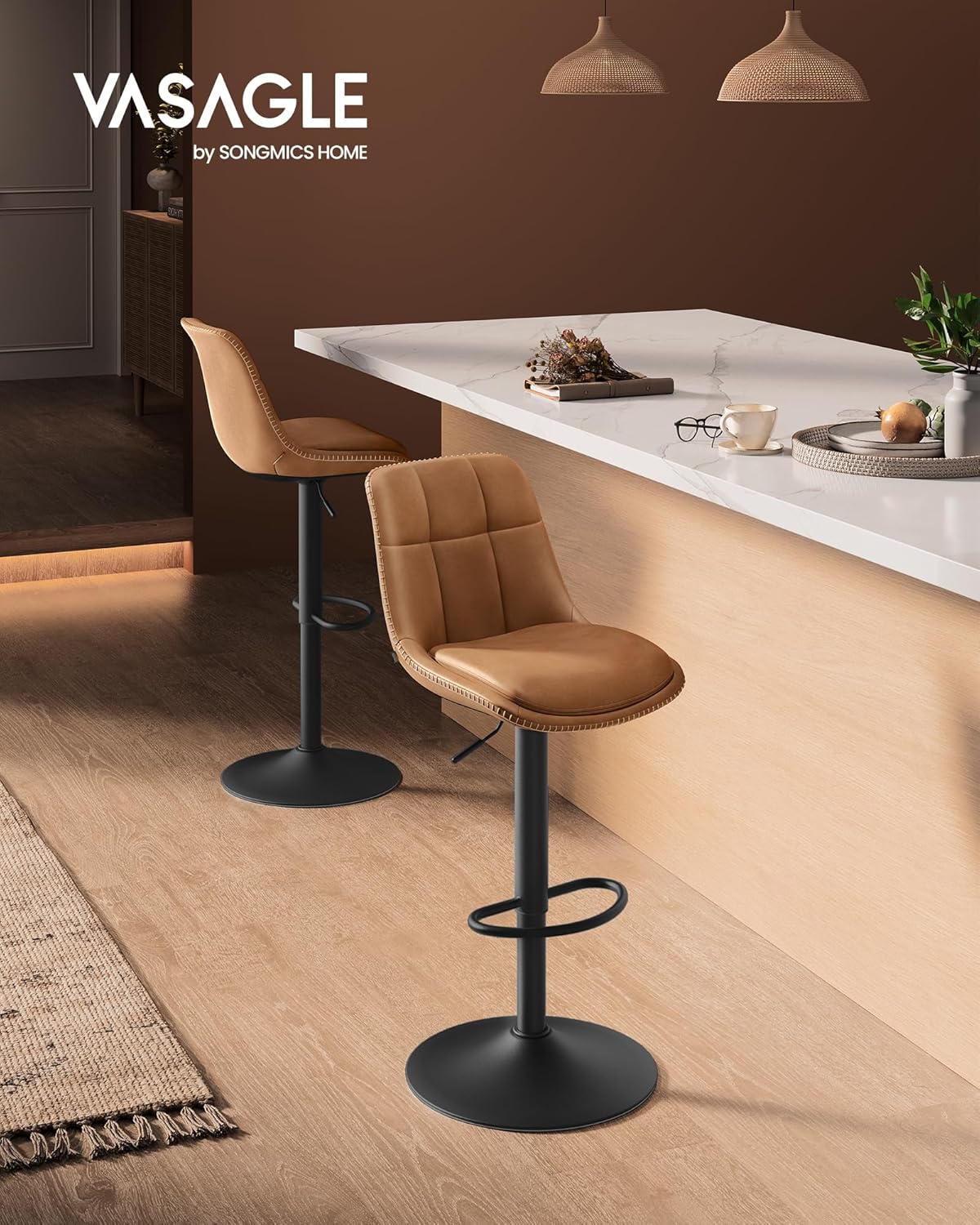 VASAGLE 2 darabos állítható bárszék szett, 360°-ban forgatható, PU kárpitozással, fém vázzal, 44 x 30 x 90–112 cm, karamellbarna - Image 5