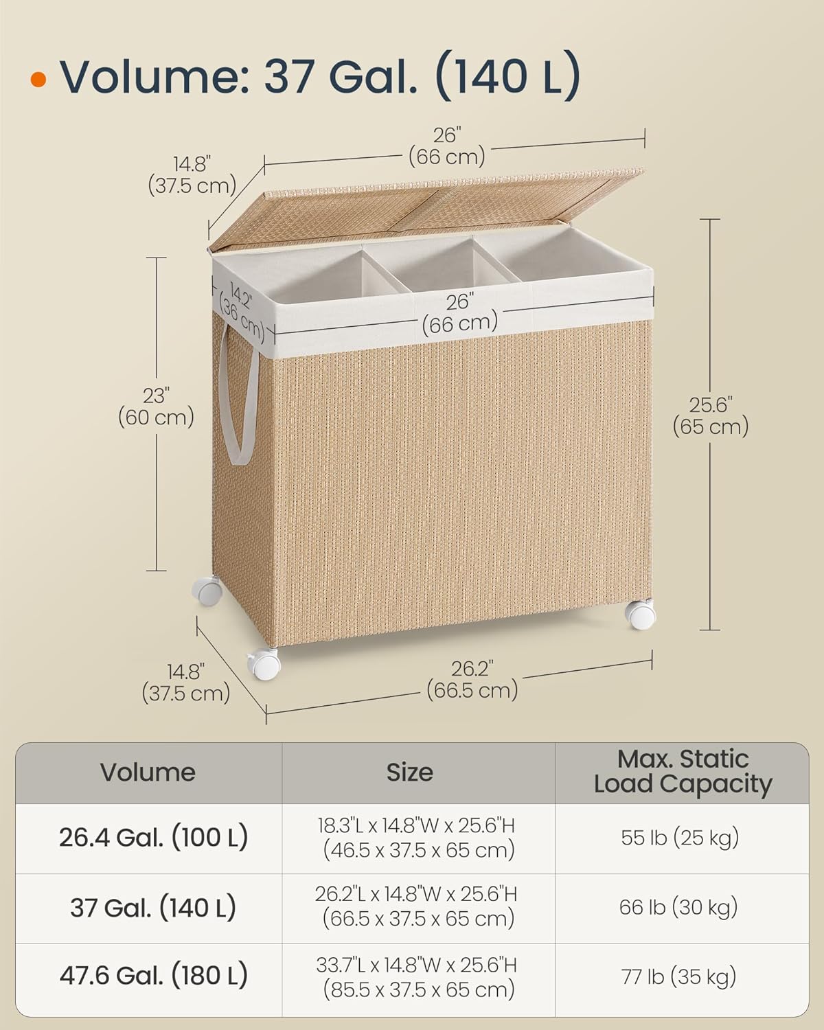 SONGMICS rattan hatású szennyeskosár, 140 l, 3 rekesszel és kerekekkel, 66x38x65 cm, natúr bézs - Image 3