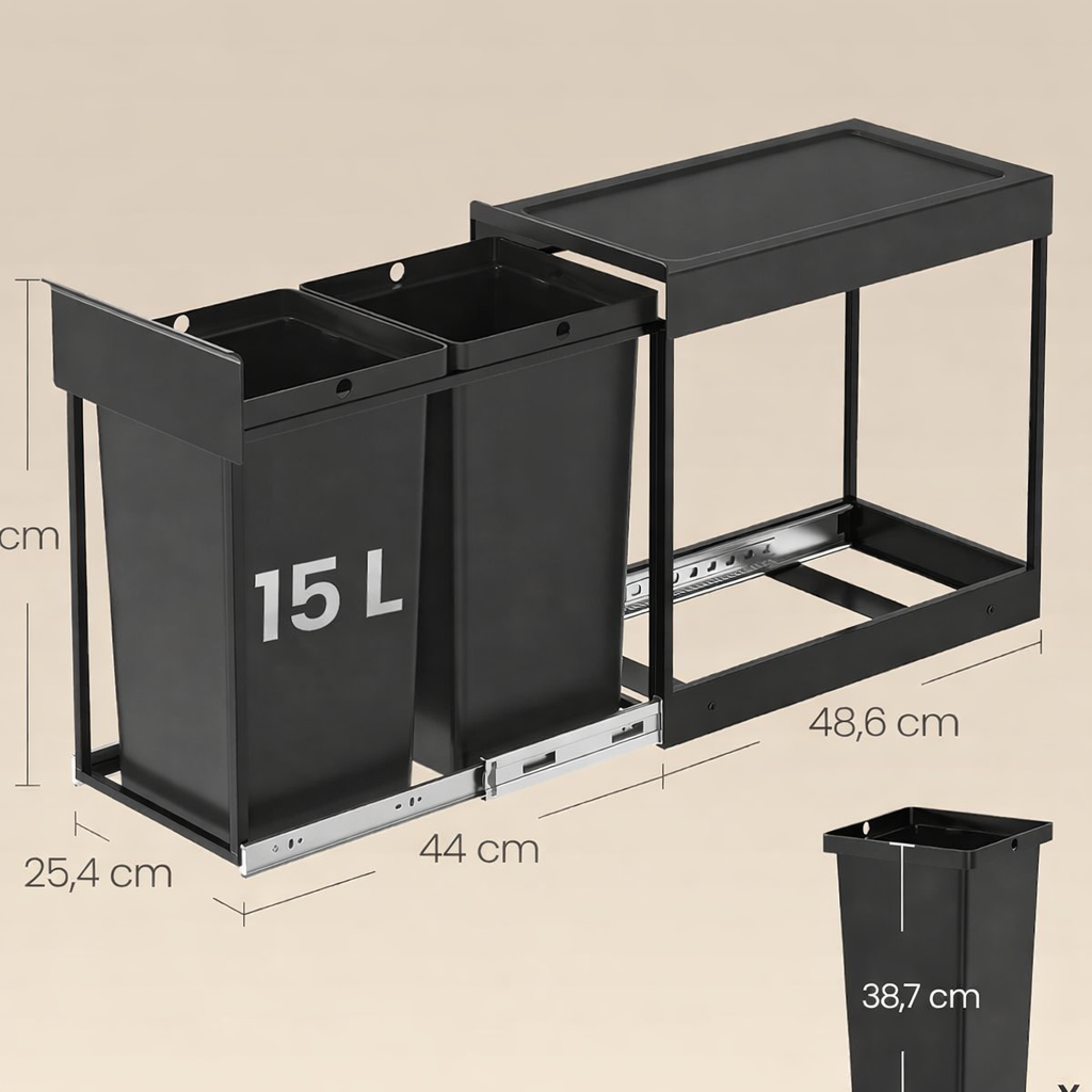 SONGMICS Beépített szemetes, 2 rekesszel, 2x15L, kihúzható fémkerettel, 48x25x44 cm, fekete - Image 5