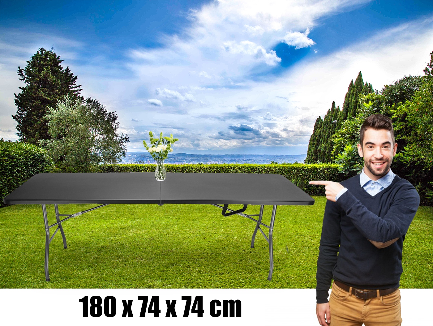 Többfunkciós összecsukható téglalap alakú asztal rendezvényekhez, 180x74x74 cm, fekete - Image 7