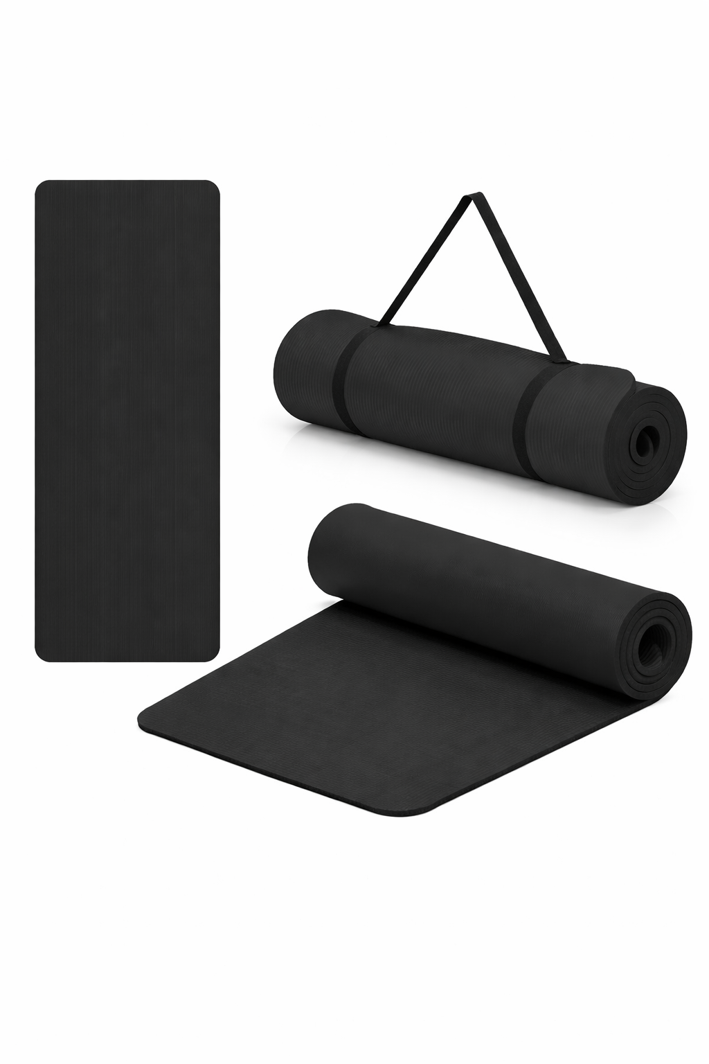 Csúszásmentes fitness szőnyeg NBR anyagból, 183x61x1 cm, hordpánttal, fekete - Image 3