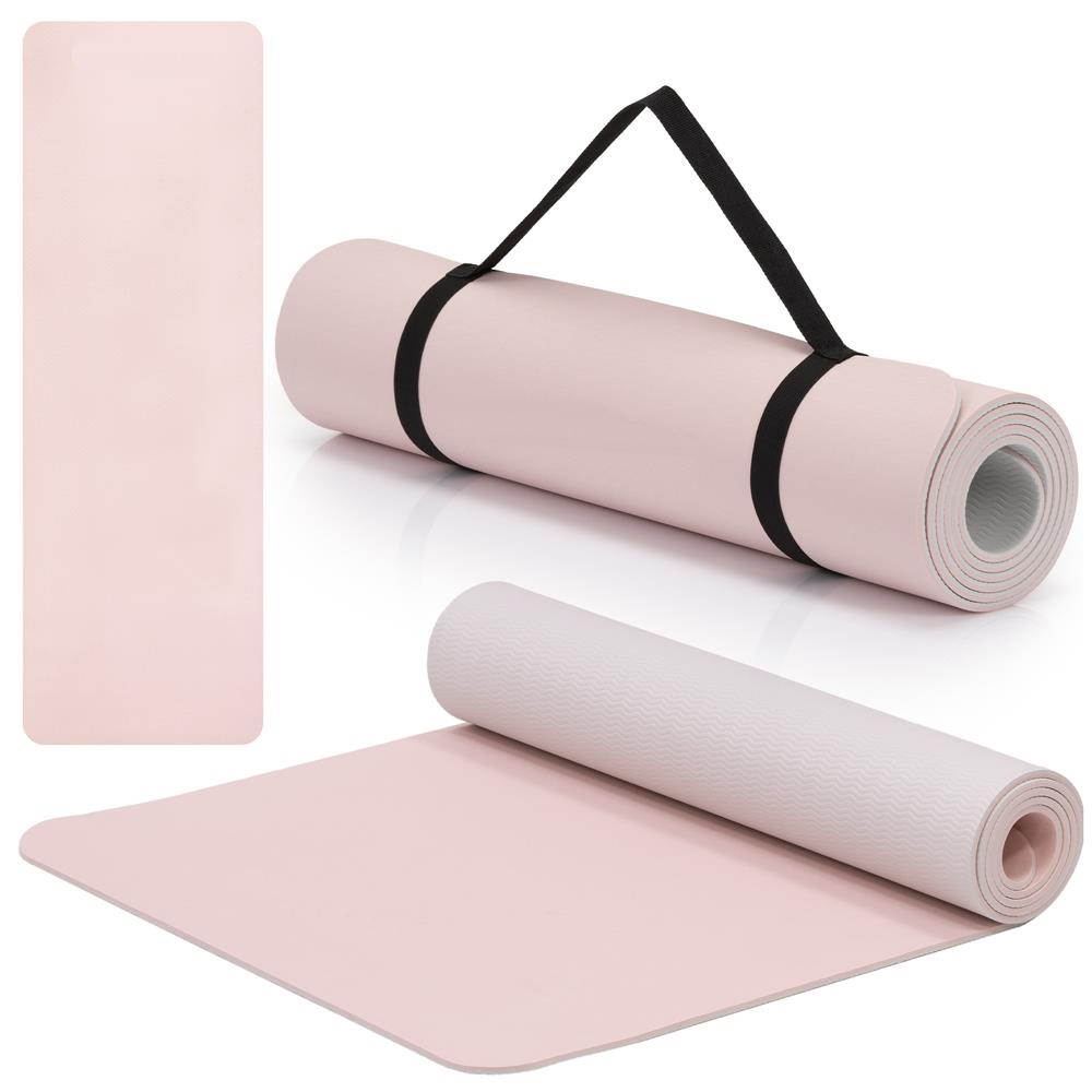 Csúszásmentes TPE fitneszszőnyeg, 183x61x1 cm, hordozópánttal, rózsaszín - Image 2