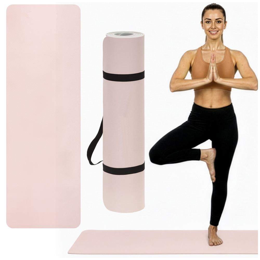Csúszásmentes TPE fitneszszőnyeg, 183x61x1 cm, hordozópánttal, rózsaszín - Image 3