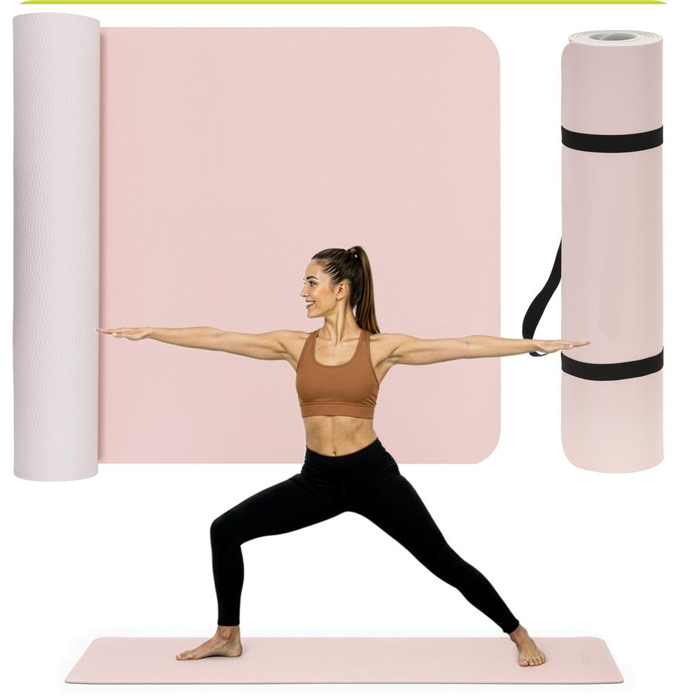 Csúszásmentes TPE fitneszszőnyeg, 183x61x1 cm, hordozópánttal, rózsaszín - Image 20
