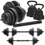 30 kg-os állítható súlyzókészlet, súlyzórúd és kettlebell funkcióval, 16 tárcsával, összekötővel és dedikált tartóval, fekete