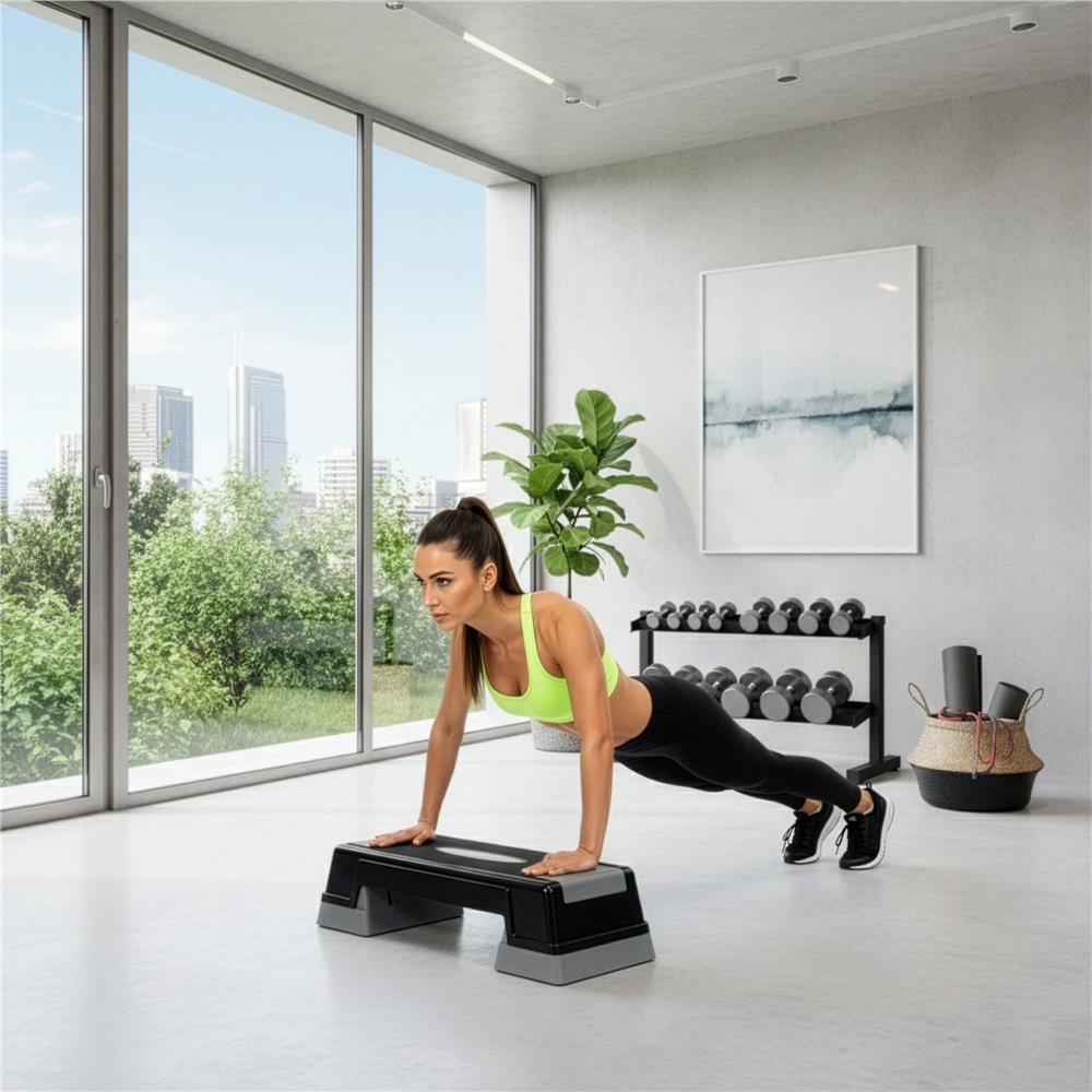 Állítható aerobik step pad, 2 magassági szinttel, PP, max. 350 kg terhelhetőség, 73x29x18 cm, fekete-szürke - Image 2