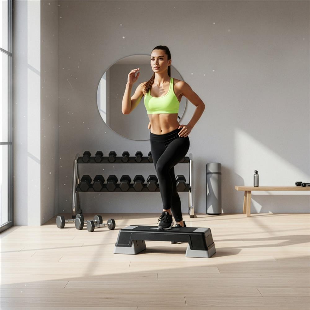 Állítható aerobik step pad, 2 magassági szinttel, PP, max. 350 kg terhelhetőség, 73x29x18 cm, fekete-szürke - Image 3