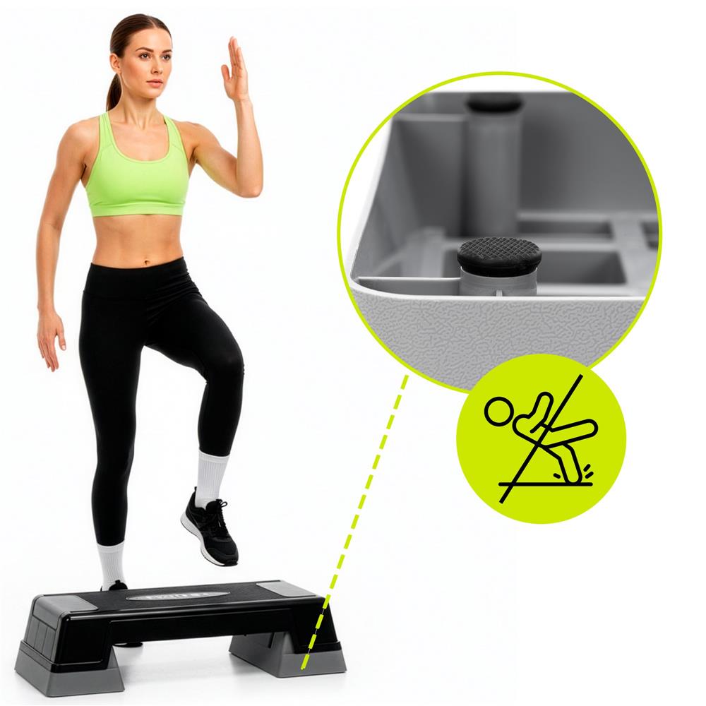 Állítható aerobik step pad, 2 magassági szinttel, PP, max. 350 kg terhelhetőség, 73x29x18 cm, fekete-szürke - Image 4