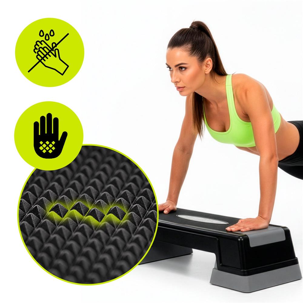 Állítható aerobik step pad, 2 magassági szinttel, PP, max. 350 kg terhelhetőség, 73x29x18 cm, fekete-szürke - Image 8