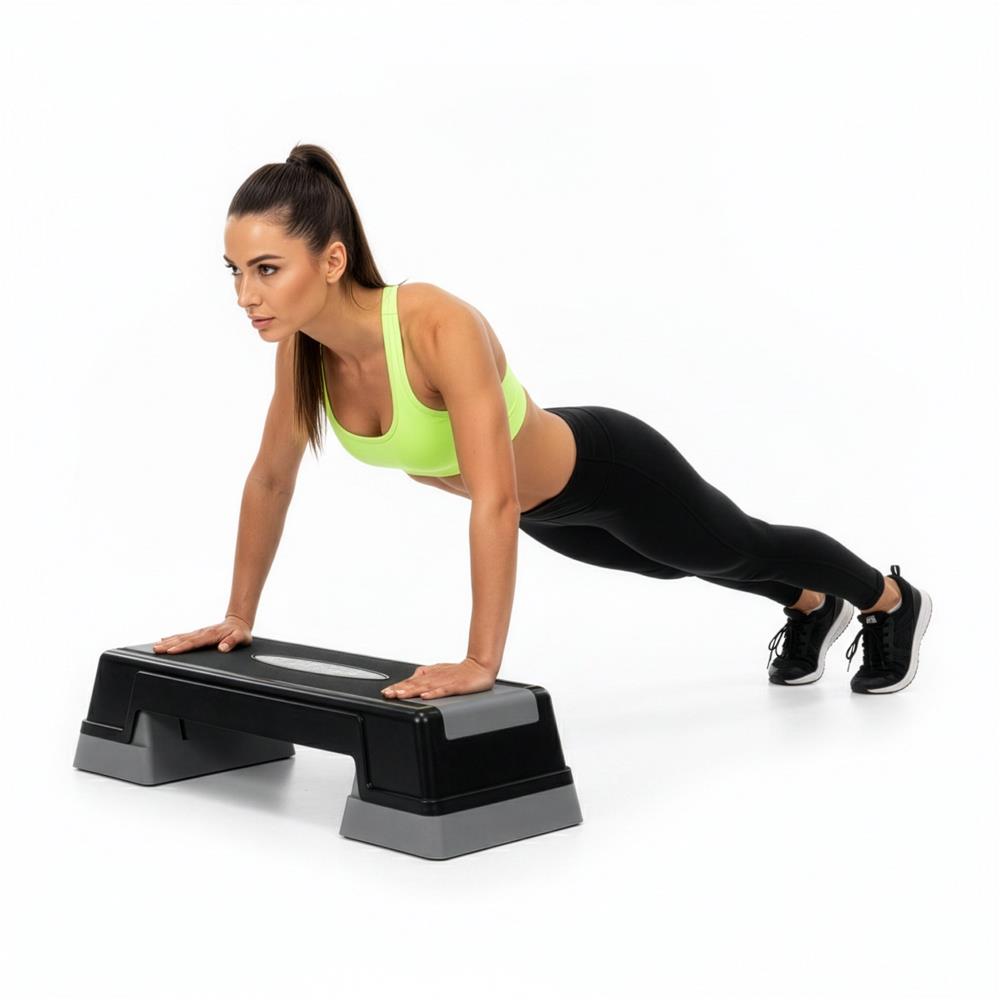 Állítható aerobik step pad, 2 magassági szinttel, PP, max. 350 kg terhelhetőség, 73x29x18 cm, fekete-szürke - Image 9