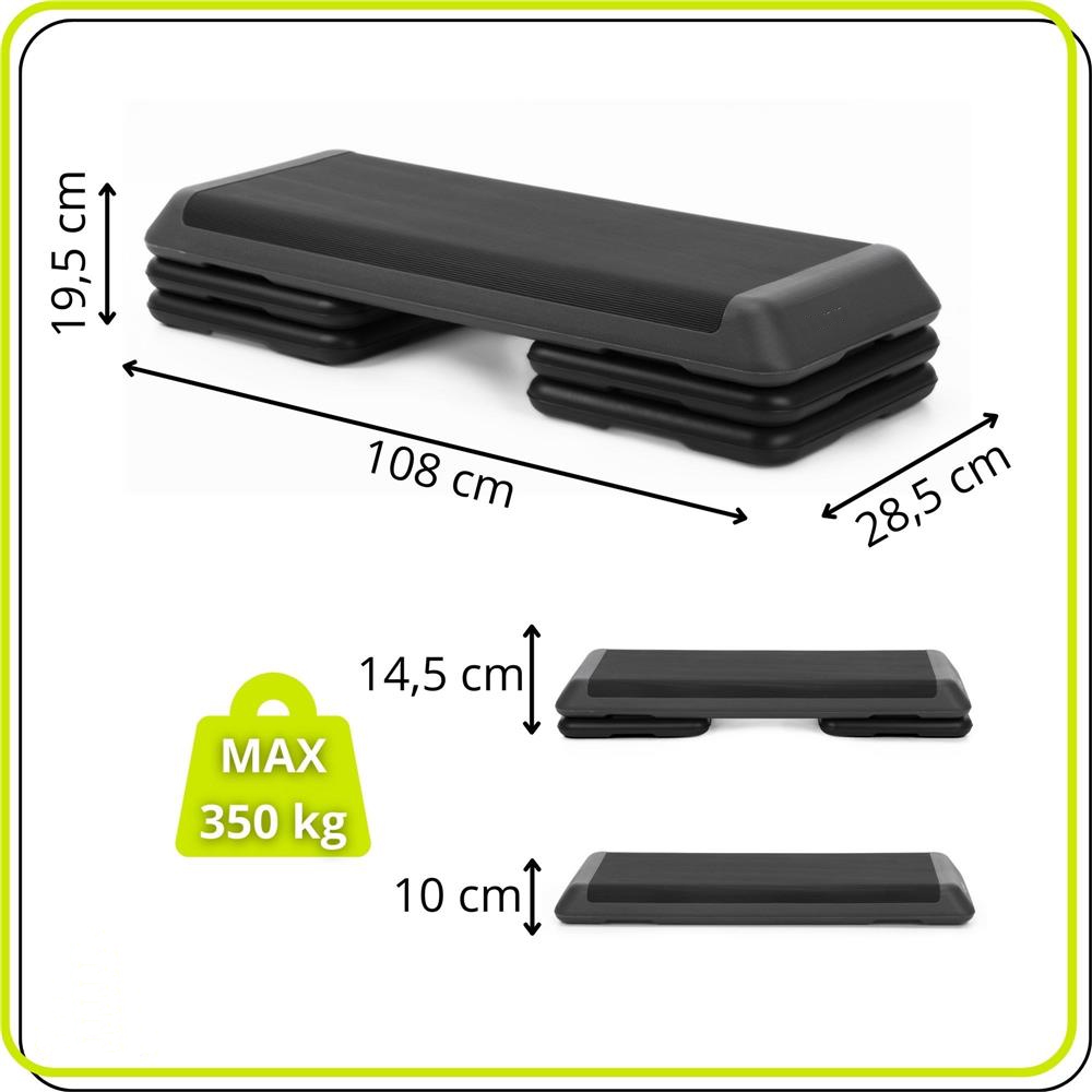 Profi állítható aerobik step pad, 3 fokozatban állítható, PP, max. 350 kg, 108x29x20 cm, fekete-szürke - Image 19