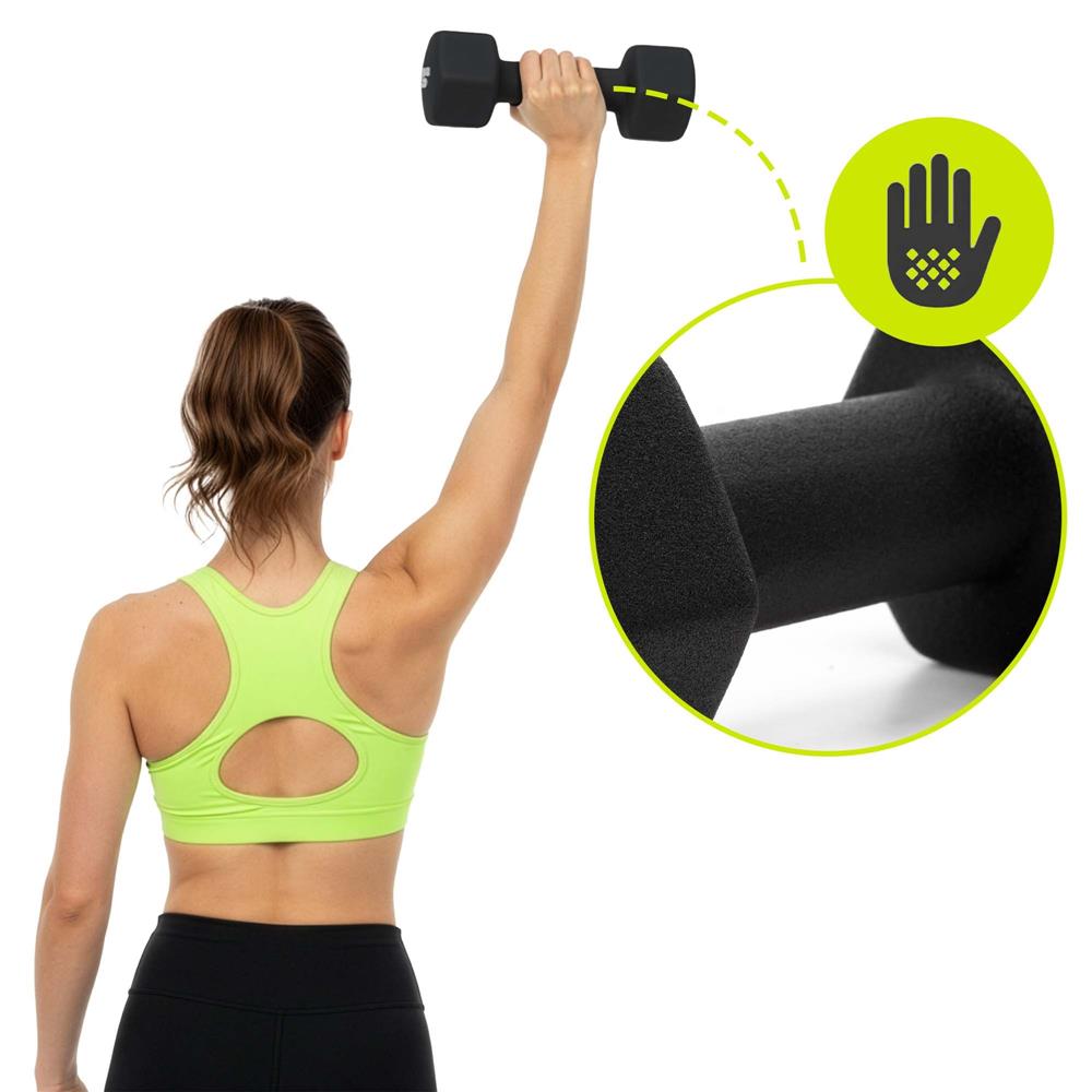 Öntöttvas kézisúlyzó készlet neoprén bevonattal, 12 kg, tartóállvánnyal, hatszögletű végekkel, 2x1 kg, 2x2 kg, 2x3 kg, többszínű - Image 2