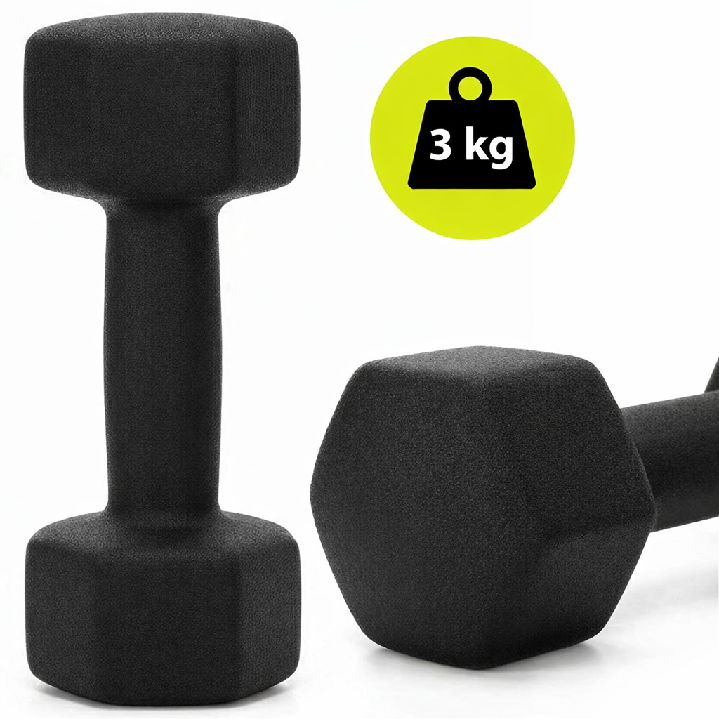 Öntöttvas kézisúlyzó készlet neoprén bevonattal, 12 kg, tartóállvánnyal, hatszögletű végekkel, 2x1 kg, 2x2 kg, 2x3 kg, többszínű - Image 3