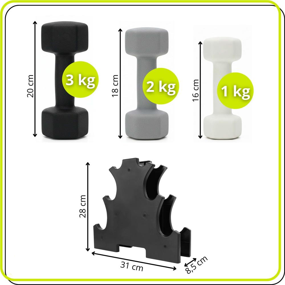 Öntöttvas kézisúlyzó készlet neoprén bevonattal, 12 kg, tartóállvánnyal, hatszögletű végekkel, 2x1 kg, 2x2 kg, 2x3 kg, többszínű - Image 19