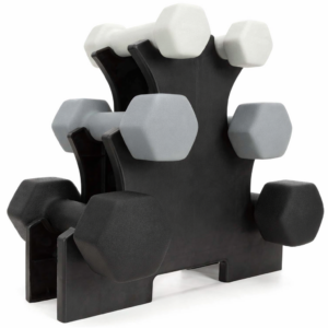 Öntöttvas kézisúlyzó készlet neoprén bevonattal, 12 kg, tartóállvánnyal, hatszögletű végekkel, 2x1 kg, 2x2 kg, 2x3 kg, többszínű